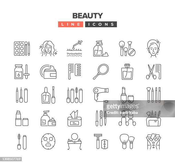 illustrazioni stock, clip art, cartoni animati e icone di tendenza di set di icone della linea di bellezza - bellezza