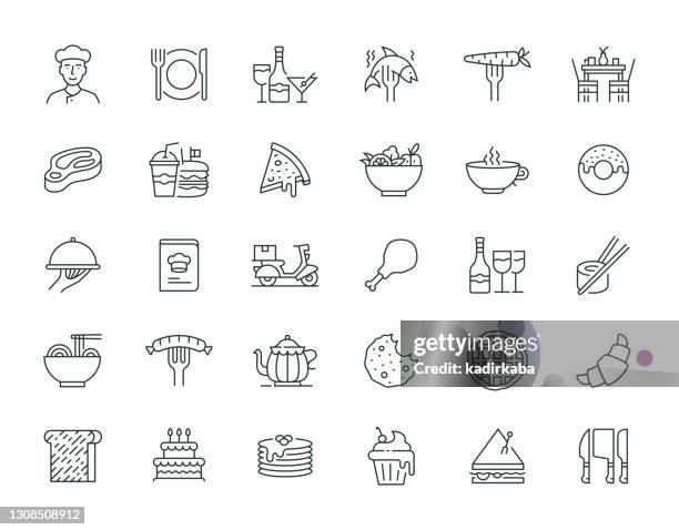 ilustraciones, imágenes clip art, dibujos animados e iconos de stock de conjunto de iconos de la serie de restaurantes y alimentos thin line - waffle