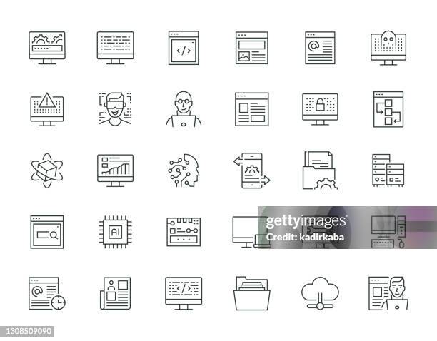 ilustraciones, imágenes clip art, dibujos animados e iconos de stock de programación de conjunto de iconos de la serie thin line - diseño web adaptable