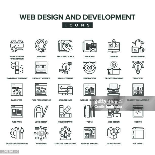 webdesign and development line icon set - wireframe stock-grafiken, -clipart, -cartoons und -symbole