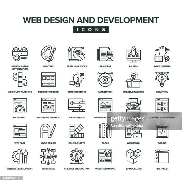 ilustraciones, imágenes clip art, dibujos animados e iconos de stock de conjunto de iconos de la línea de diseño y desarrollo web - esquema de página