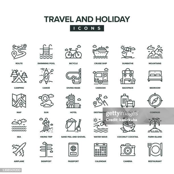 reise- und urlaubslinien-icon-set - passagier wasserfahrzeug stock-grafiken, -clipart, -cartoons und -symbole