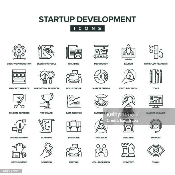 startup development line icon set - launch event stock illustrations
