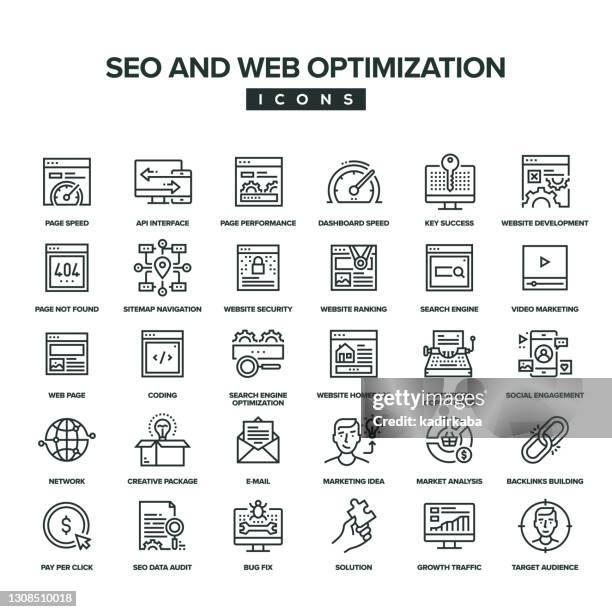 seo and web optimization line icon set - wireframe stock illustrations