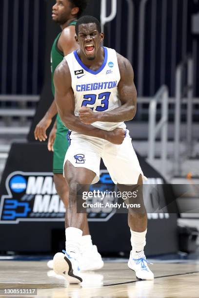 Damien Jefferson of the Creighton Bluejays reacts in the first half of their second round game against the Ohio Bobcats the 2021 NCAA Men's...