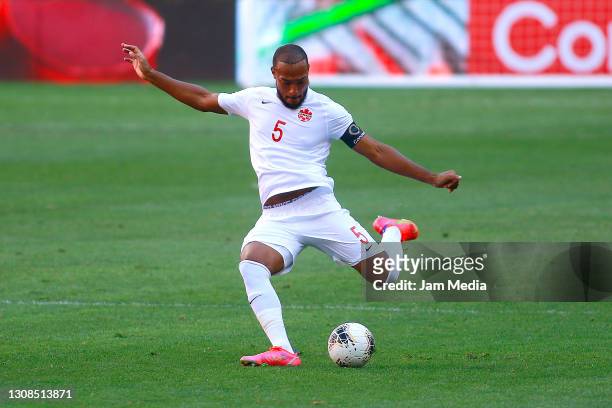 Derek Cornelius of Canada controls the ball during the match between Haiti and Canada as part of the 2020 Concacaf Men's Olympic Qualifying at Akron...