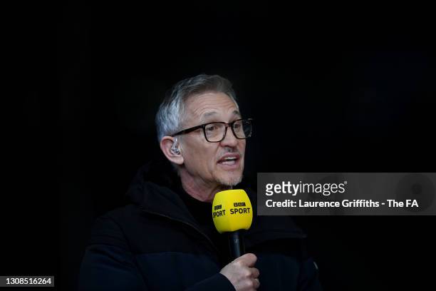 Pundit, Gary Lineker presents Match of the Day at The King Power Stadium on March 21, 2021 in Leicester, England. Sporting stadiums around the UK...