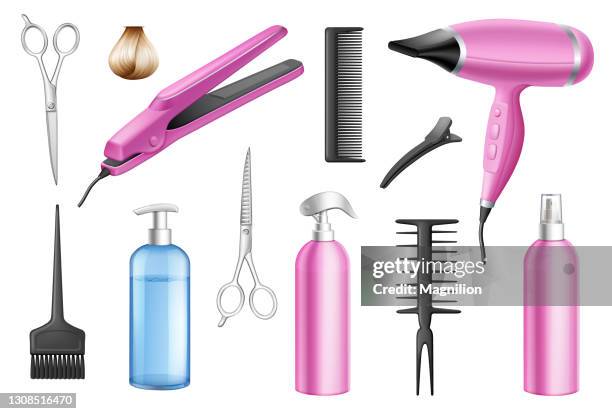 ilustrações de stock, clip art, desenhos animados e ícones de hairdressing tool set - cabelos