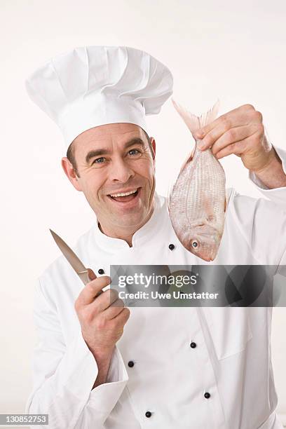 cook laughing, holding a fish and a knife - sparus aurata stock pictures, royalty-free photos & images