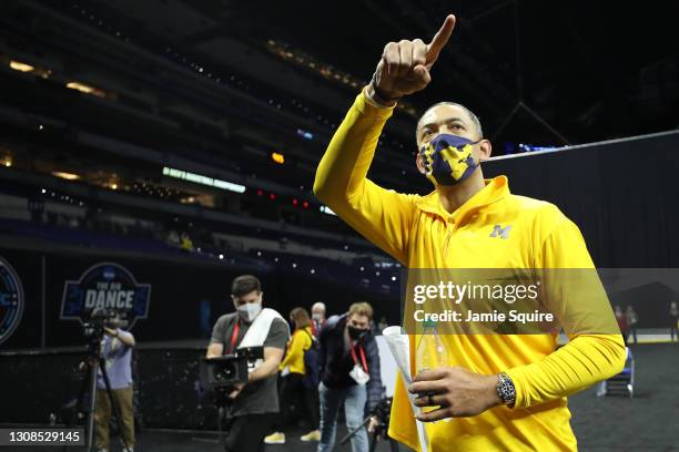 Head coach Juwan Howard of the Michigan Wolverines reacts after beating the LSU Tigers in the second round game of the 2021 NCAA Men's Basketball...