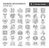Human resources, job and employee searches, interviewing and recruiting, team work, business people big thin line Icon set - editable stroke