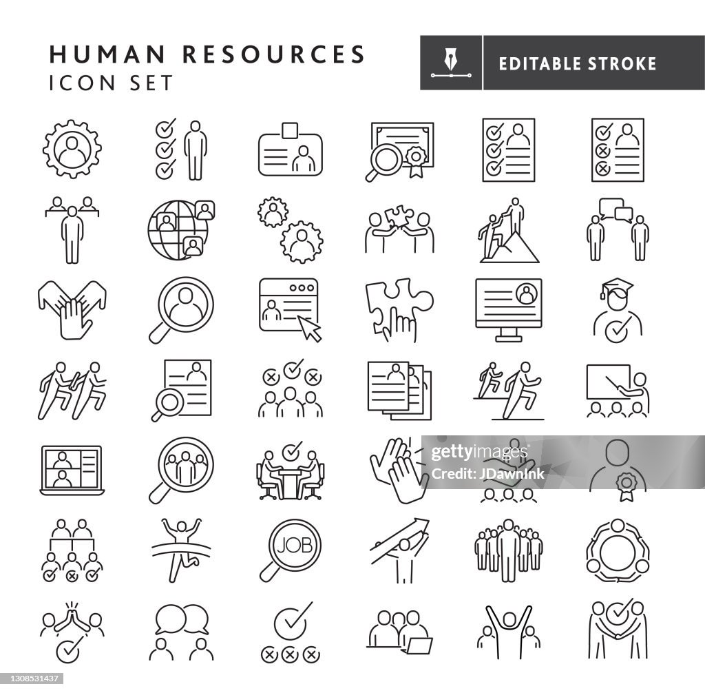 Human resources, job and employee searches, interviewing and recruiting, team work, business people big thin line Icon set - editable stroke
