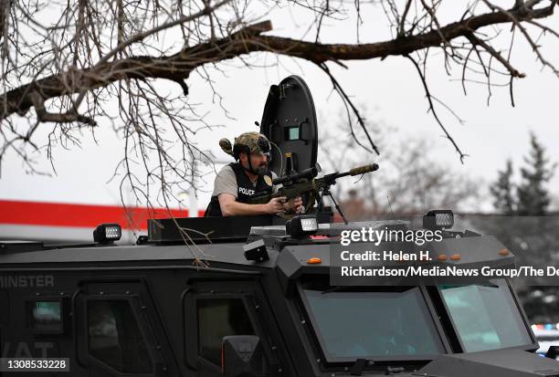 Law enforcement officers respond to an active shooting at King Soopers on 3600 Table Mesa Drive on March 22, 2021 in Boulder, Colorado.