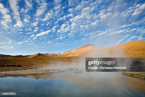 natural thermal springs polloquere, salt lake salar de surire, national park reserva nacional las vicunas, chile, south america - southernly stock pictures, royalty-free photos & images