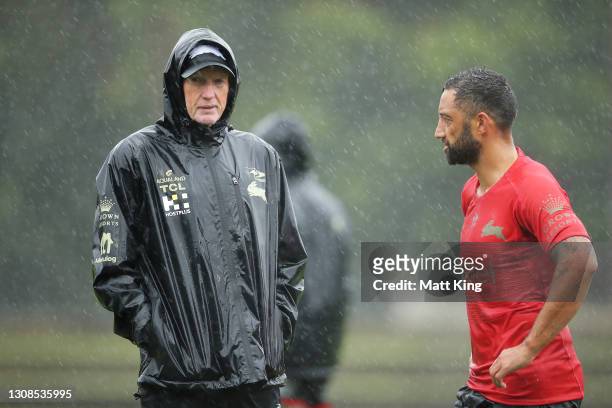 Rabbitohs coach Wayne Bennett talks to Benji Marshall during a South Sydney Rabbitohs NRL training session at Redfern Oval on March 23, 2021 in...
