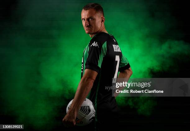 Besart Berisha of Western United poses during the Western United Team Photo day at Western United HQ on March 23, 2021 in Melbourne, Australia.