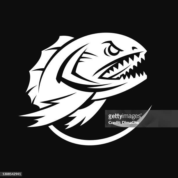 angry fish with sharp teeth vector icon - caribe stock illustrations
