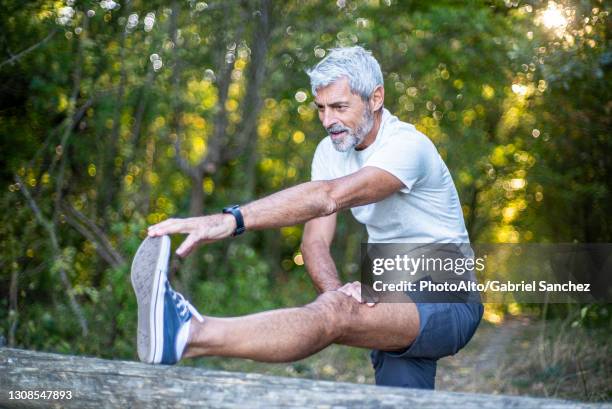 mature man stretching his leg in forest - zehenspitzen berühren stock-fotos und bilder