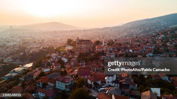 aerial view of sarajevo cityscape during sunset - sarajevo stock pictures, royalty-free photos & images