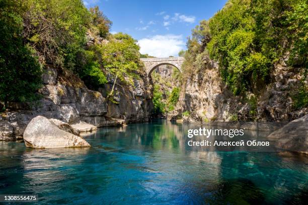 ancient arch bridge oluk over the koprucay river gorge in koprulu national park in turkey. panoramic scenic view of the canyon and blue stormy mountain river - manavgat stock pictures, royalty-free photos & images