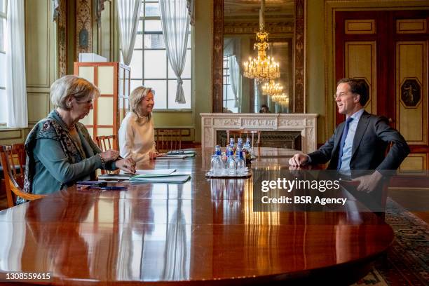 Leader and current prime minister Mark Rutte is seen in the Tweede Kamer speaking with scouts Annemarie Jorritsma and Kasja Ollongren in The Hague,...