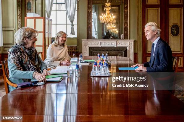 Leader Geert Wilders is seen in the Tweede Kamer speaking with scouts Annemarie Jorritsma and Kasja Ollongren in The Hague, on March 22, 2021 in The...