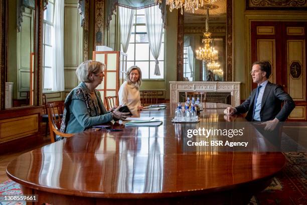 Leader and current prime minister Mark Rutte is seen in the Tweede Kamer speaking with scouts Annemarie Jorritsma and Kasja Ollongren in The Hague,...