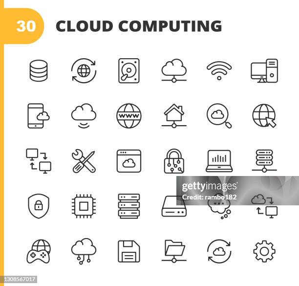 cloud computing line icons. editable stroke. pixel perfect. for mobile and web. contains such icons as cloud computing, computer network, network server, streaming, downloading, uploading, cybersecurity, online banking, e-commerce, storage, web. - cloud upload icon stock illustrations