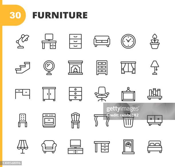 möbel linie icons. bearbeitbarer strich. pixel perfekt. für mobile und web. enthält symbole wie möbel, architektur, lampe, schreibtisch, pflanze, spiegel, sessel, kamin, backofen, stuhl, schminktisch, kleiderschrank, bürostuhl. - haushaltsmaschine stock-grafiken, -clipart, -cartoons und -symbole