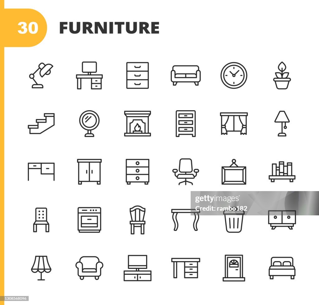 Iconos de la línea de muebles. Trazo editable. Pixel Perfecto. Para móviles y web. Contiene iconos tales como muebles, arquitectura, lámpara, escritorio, planta, espejo, sillón, chimenea, horno, silla, tocador, armario, silla de oficina.