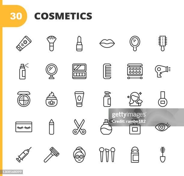 kosmetik linie icons. bearbeitbarer strich. pixel perfekt. für mobile und web. enthält solche symbole wie kosmetik, schönheit, make-up, shampoo, friseursalon, körperpflege, hygiene, mode, nagel, friseur, parfüm, lippenstift, augenbraue. - deodorant stock-grafiken, -clipart, -cartoons und -symbole