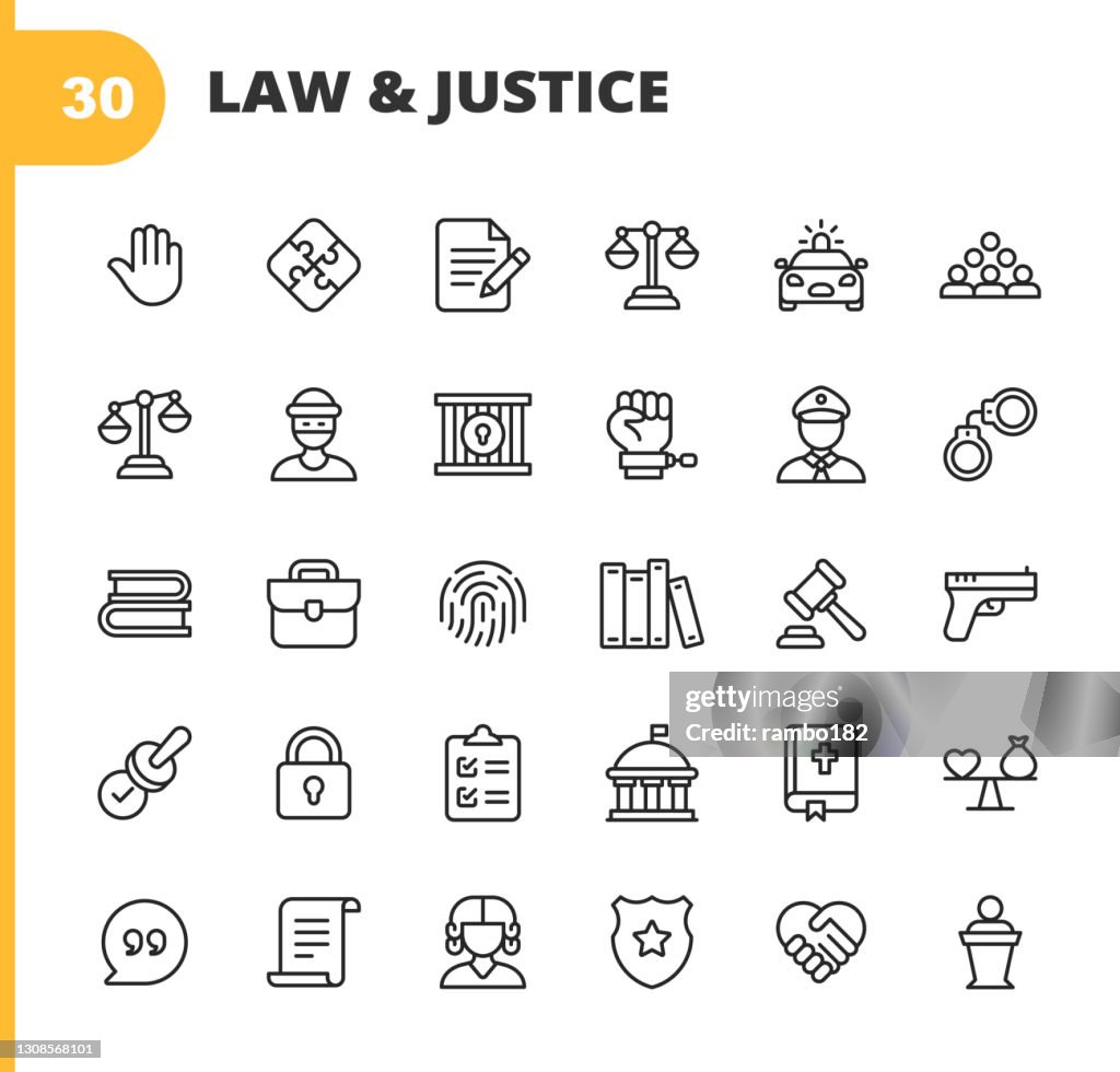 Iconos de la línea de Derecho y Justicia. Trazo editable. Pixel Perfecto. Para móviles y web. Contiene iconos como Ley, Justicia, Ladrón, Policía, Juez, Acuerdo, Gobierno, Contrato, Cumplimiento, Delito, Abogado, Evidencia, Prisión, Igualdad, Sistema