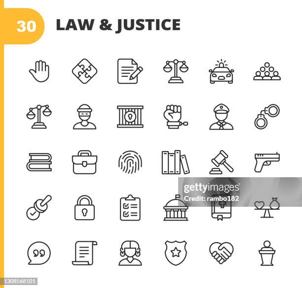 ilustraciones, imágenes clip art, dibujos animados e iconos de stock de iconos de la línea de derecho y justicia. trazo editable. pixel perfecto. para móviles y web. contiene iconos como ley, justicia, ladrón, policía, juez, acuerdo, gobierno, contrato, cumplimiento, delito, abogado, evidencia, prisión, igualdad, sistema  - mazo de juez