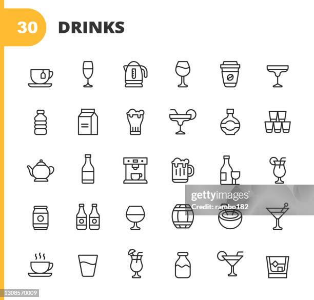 drink and alcohol line icons. editable stroke. pixel perfect. for mobile and web. contains such icons as coffee, wine, coffee cup, water, champagne, milk, whiskey, teapot, beer, juice, champagne bottle, margarita, alcohol, drink. - coconut water isolated stock illustrations