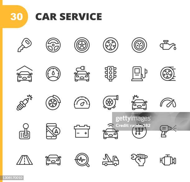 auto-service und auto-reparatur-shop-linie icons. bearbeitbarer strich. pixel perfekt. für mobile und web. enthält symboleweise autounfall, mechaniker, lenkrad, reifen, rad, autoöl, garage, tacho, autospiegel, navigation, batterie. - reifenpanne stock-grafiken, -clipart, -cartoons und -symbole