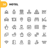 Hotel Line Icons. Editable Stroke. Pixel Perfect. For Mobile and Web. Contains such icons as Hotel, Service, Luxury, Hotel Reception, Taxi, Restaurant, Bed, Towel, Support, Swimming Pool, Bath, Location, Beach, Key, Breakfast, Receptionist, Hostel.