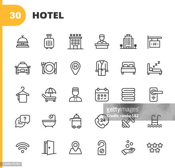 hotel line icons. editable stroke. pixel perfect. for mobile and web. contains such icons as hotel, service, luxury, hotel reception, taxi, restaurant, bed, towel, support, swimming pool, bath, location, beach, key, breakfast, receptionist, hostel. - hotel stock illustrations