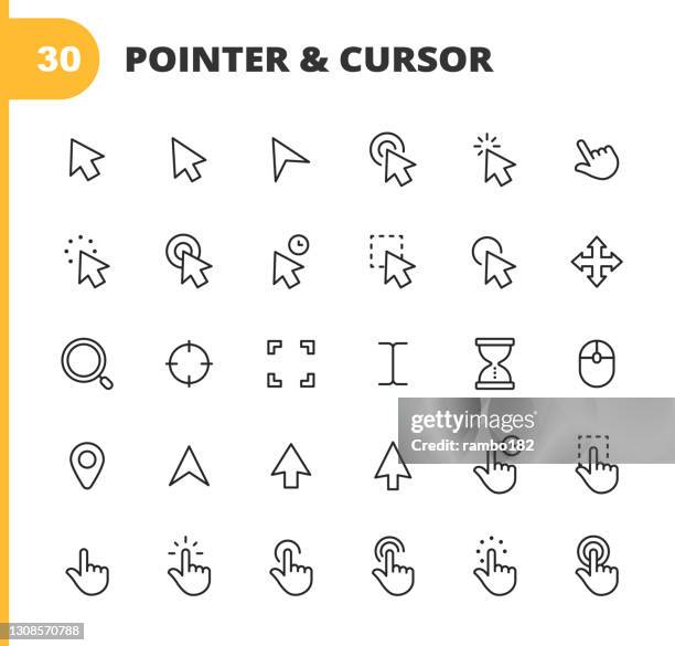 pointer and cursor line icons. editable stroke. pixel perfect. for mobile and web. contains such icons as pointer, cursor, touch gesture, selection, computer mouse, arrow, finger, hourglass, thumb, mobile app, interface design, touch screen. - pointer finger stock illustrations