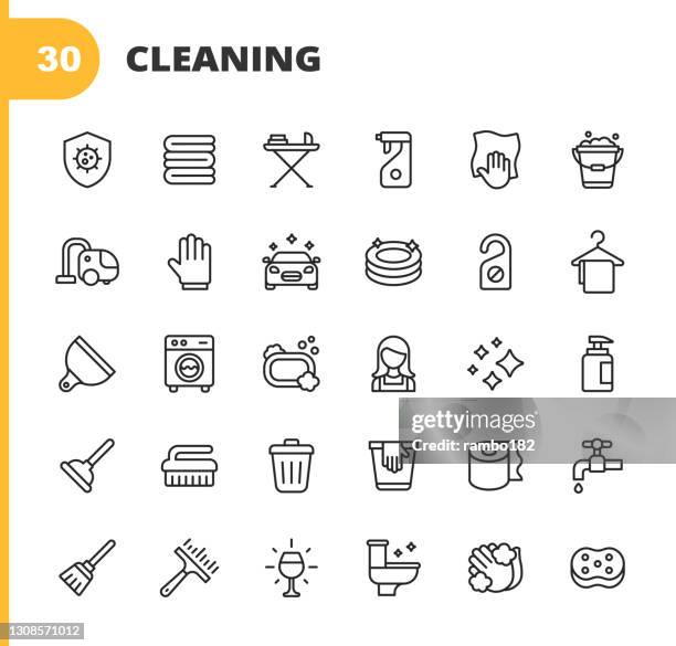 stockillustraties, clipart, cartoons en iconen met reinigingslijnpictogrammen. bewerkbare lijn. pixel perfect. voor mobiel en web. bevat pictogrammen zoals bacteriën, schoonmaken, wassen, afvegen, handdoek, strijken, wasserij, emmer, stofzuiger, schoonmaakhandschoenen, carwash, wasmachine, zeep, afvalcont - splash wasser