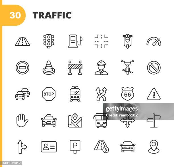 illustrations, cliparts, dessins animés et icônes de icônes de ligne de trafic. course modifiable. pixel parfait. pour mobile et web. contient des icônes telles que route, feu de circulation, compteur de vitesse, panneau d’arrêt, cône de circulation, voiture, véhicule, panneau d’avertissement, carte - picto essence