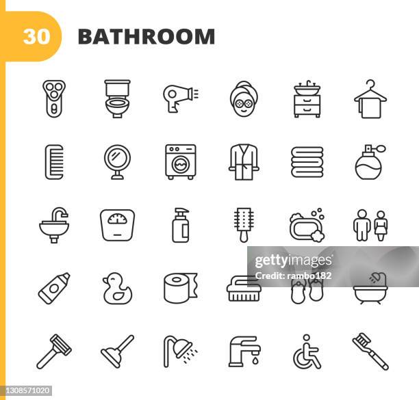 ilustraciones, imágenes clip art, dibujos animados e iconos de stock de iconos de la línea de baño. trazo editable. pixel perfecto. para móviles y web. contiene iconos tales como navaja, inodoro, teñidor de pelo, toalla, percha, peine, espejo, lavadora, perfume, grifo, fregadero, báscula de peso, jabón, recipiente de jab - lavabo instalación fija