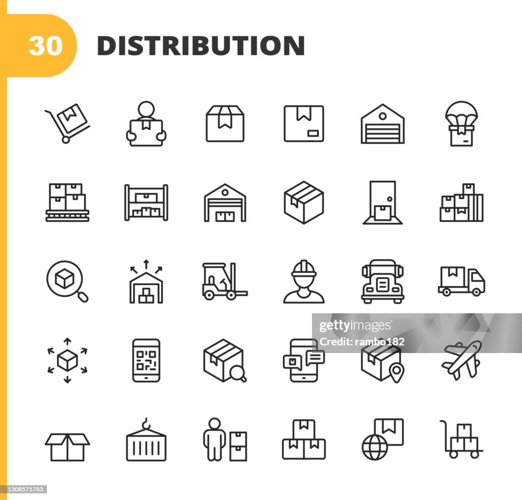 Iconos de línea de almacén y distribución. Trazo editable. Pixel Perfecto. Para móviles y web. Contiene iconos tales como paquete, entrega, caja, envío, línea de montaje, inventario, garaje, carretilla elevadora, código de barras, avión, logística