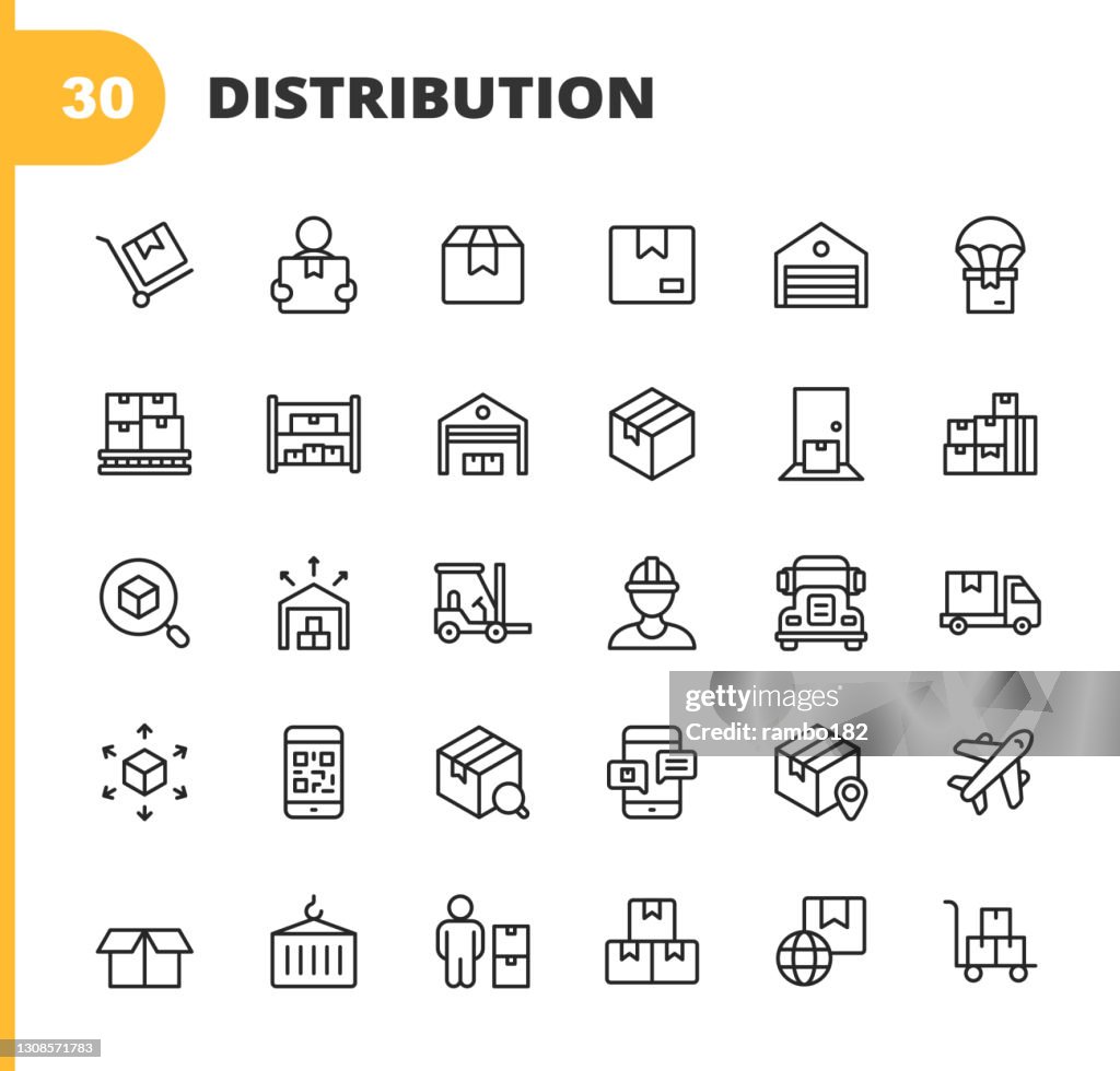 Ícones da linha de armazém e distribuição. Golpe editável. Pixel Perfeito. Para Mobile e Web. Contém ícones como Pacote, Entrega, Caixa, Expedição, Linha de Montagem, Inventário, Garagem, Empilhadeira, Código de Barras, Avião, Logística, Centr