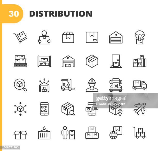 ilustrações, clipart, desenhos animados e ícones de ícones da linha de armazém e distribuição. golpe editável. pixel perfeito. para mobile e web. contém ícones como pacote, entrega, caixa, expedição, linha de montagem, inventário, garagem, empilhadeira, código de barras, avião, logística, centr - mercadoria