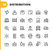 Warehouse and Distribution Line Icons. Editable Stroke. Pixel Perfect. For Mobile and Web. Contains such icons as Package, Delivery, Box, Shipment, Assembly Line, Inventory, Garage, Forklift, Barcode, Plane, Logistics, Distribution Center, Truck.