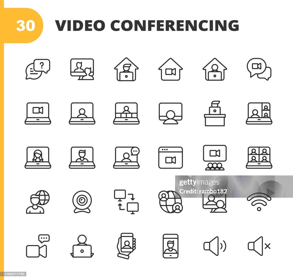 Iconos de línea de videoconferencia. Trazo editable. Pixel Perfecto. Para móviles y web. Contiene iconos como Cámara, Chat de vídeo, Mensajería en línea, Videoconferencia, Seminario web, Trabajo remoto, Trabajo en equipo, Aprendizaje remoto, Freelanc