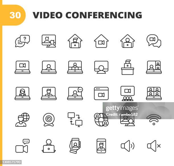 stockillustraties, clipart, cartoons en iconen met videoconferentieregelpictogrammen. bewerkbare lijn. pixel perfect. voor mobiel en web. bevat pictogrammen zoals camera, videochat, online berichten, videoconferentie, webinar, werken op afstand, teamwork, leren op afstand, freelancer, thuiswerken. - home video camera