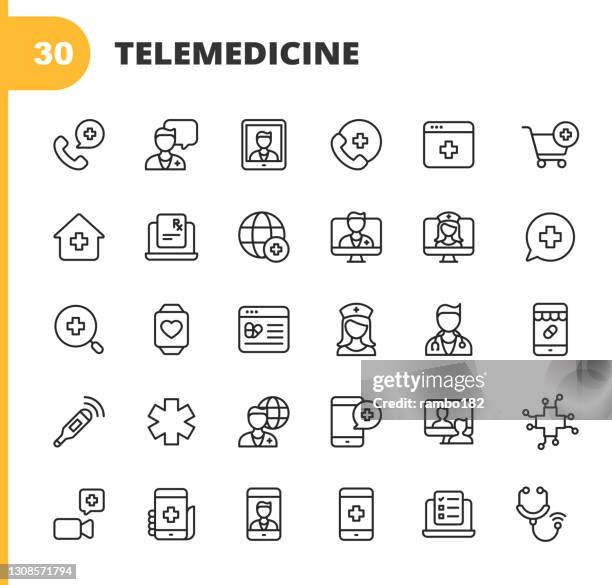 bildbanksillustrationer, clip art samt tecknat material och ikoner med telemedicinska linjeikoner. redigerbar linje. pixel perfekt. för mobil och webb. innehåller sådana ikoner som stetoskop, telemedicin, digital healthcare, video call with doctor, online consultation, nurse, doctor, artificial intelligence in healthcare. - web conference