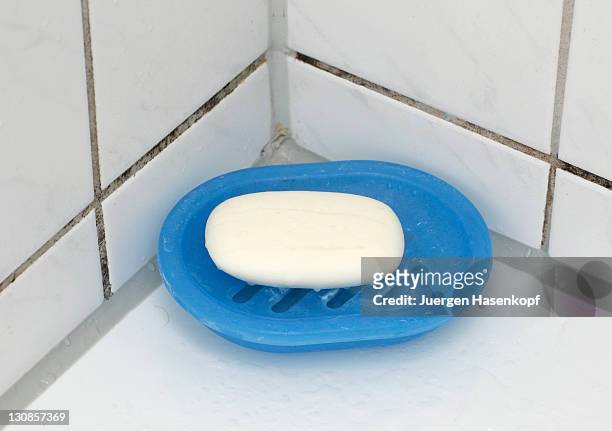 piece of soap in a blue soapdish - soap dish stock pictures, royalty-free photos & images