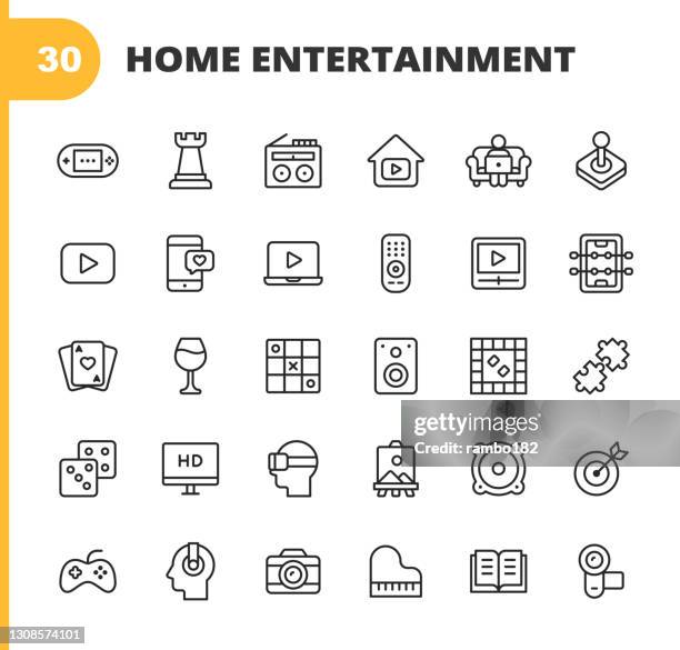 bildbanksillustrationer, clip art samt tecknat material och ikoner med ikoner för hemunderhållningslinjen. redigerbar linje. pixel perfekt. för mobil och webb. innehåller sådana ikoner som gaming console, chess, radio, online video, streaming, dating, table football, card, wine, party, puzzle, dice, television, movie, vi - fotbollsspel